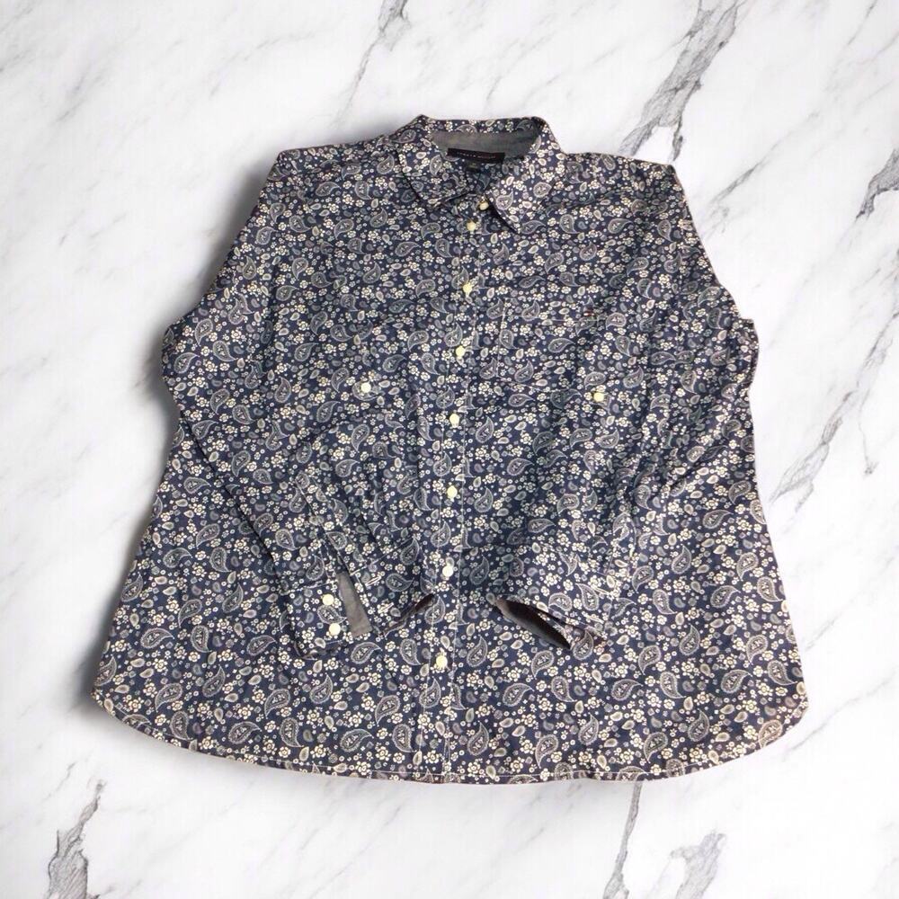 TOMMY HILFIGER Women’s 0X Blue Floral Paisley Button Shirt Top Roll Tab Sleeve